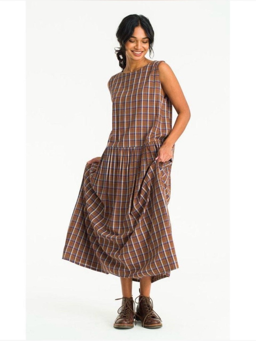 Brown Plaid Sleeveless Drop-Waist Midi Dress